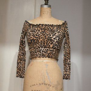 Ruched Smocked Off the Shoulder Square Neck Leopard Print Crop Top